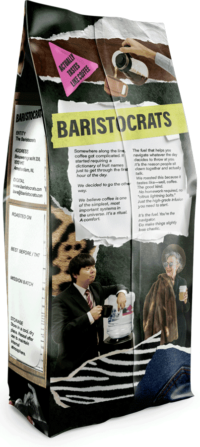 Nieuwe Baristocrats koffiebonen verpakking zakelijk — Corporetti blend met watercooler-guy en dame